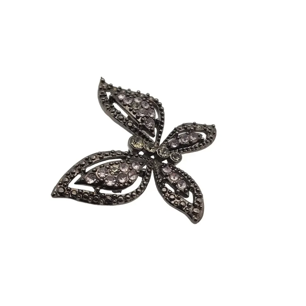 Dark Rhinestone Butterfly Brooch Pink Green Crystal Insect Vintage‎ Pin Gunmetal